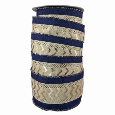 Stuha jutová s drátkem modrá ornamenty 9.1 m