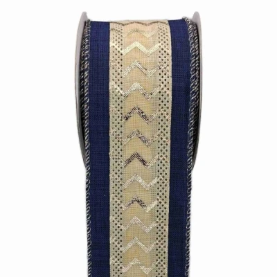 Stuha jutová s drátkem modrá ornamenty 9.1 m