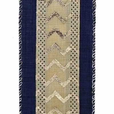 Stuha jutová s drátkem modrá ornamenty 9.1 m