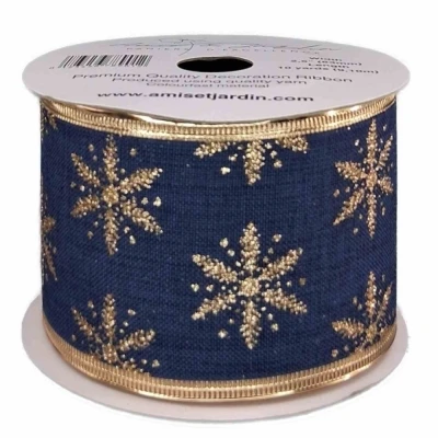 Stuha jutová s drátkem modrá zimní sněhové vločky 9.1 m