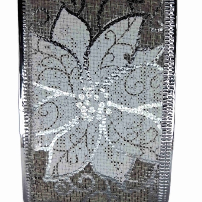 Stuha jutová s drátkem šedá vánoční květy 9.1 m