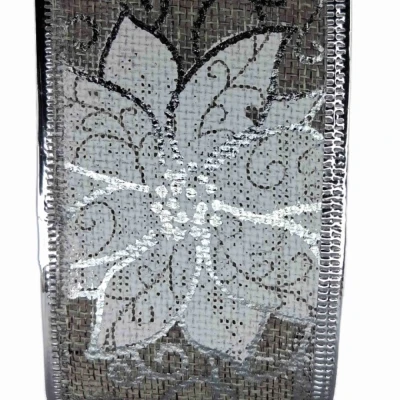 Stuha jutová s drátkem šedá vánoční květy 9.1 m