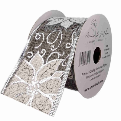 Stuha jutová s drátkem šedá vánoční květy 9.1 m