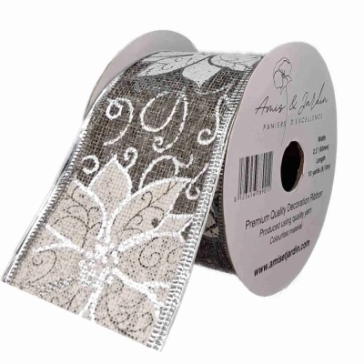 Stuha jutová s drátkem šedá vánoční květy 9.1 m