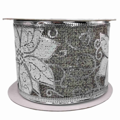 Stuha jutová s drátkem šedá vánoční květy 9.1 m