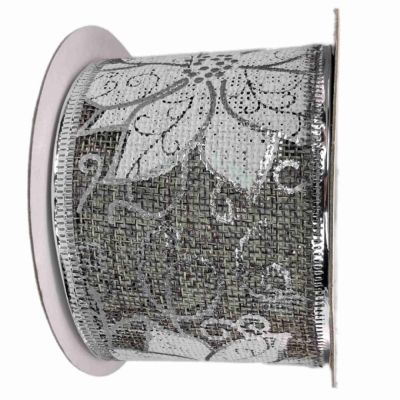 Stuha jutová s drátkem šedá vánoční květy 9.1 m