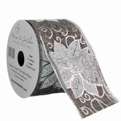 Stuha jutová s drátkem šedá vánoční květy 9.1 m