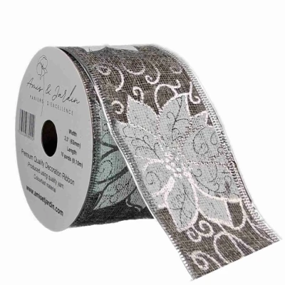 Stuha jutová s drátkem šedá vánoční květy 9.1 m