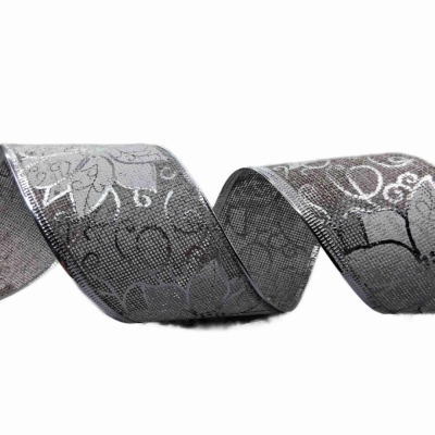 Stuha jutová s drátkem šedá vánoční květy 9.1 m