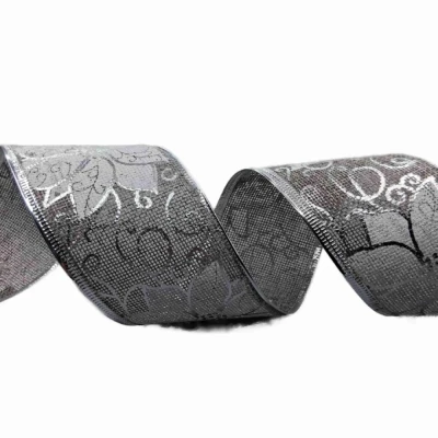 Stuha jutová s drátkem šedá vánoční květy 9.1 m