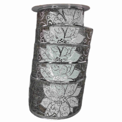 Stuha jutová s drátkem šedá vánoční květy 9.1 m