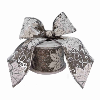 Stuha jutová s drátkem šedá vánoční květy 9.1 m