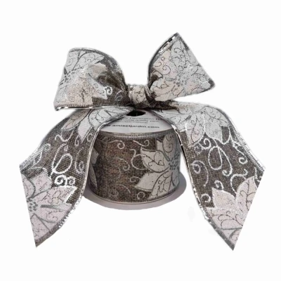 Stuha jutová s drátkem šedá vánoční květy 9.1 m