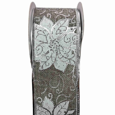 Stuha jutová s drátkem šedá vánoční květy 9.1 m