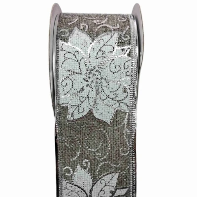 Stuha jutová s drátkem šedá vánoční květy 9.1 m