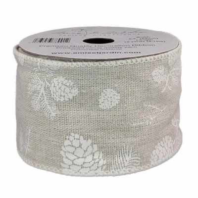 Stuha jutová s drátkem šedá vánoční šišky 9.1 m