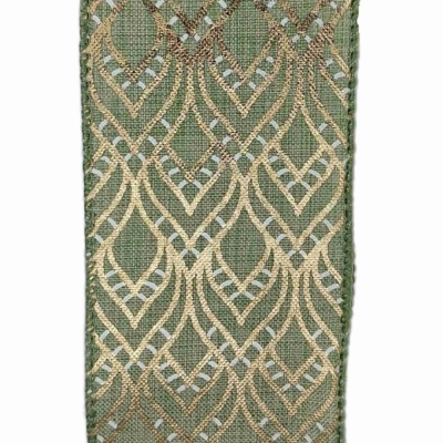 Stuha jutová s drátkem zelená ornamenty 9.1 m