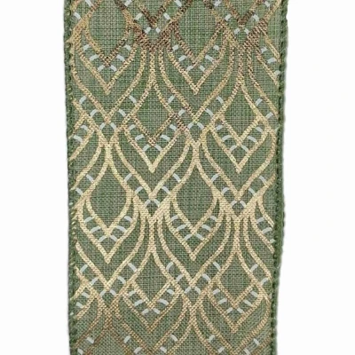 Stuha jutová s drátkem zelená ornamenty 9.1 m