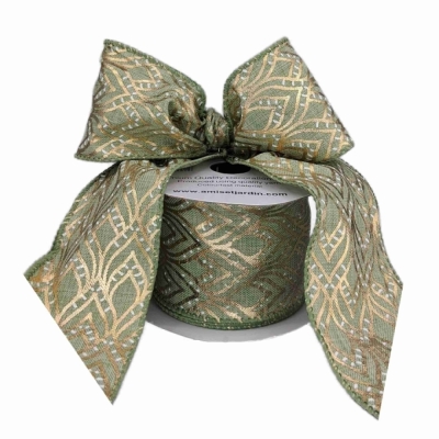 Stuha jutová s drátkem zelená ornamenty 9.1 m