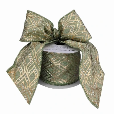 Stuha jutová s drátkem zelená ornamenty 9.1 m