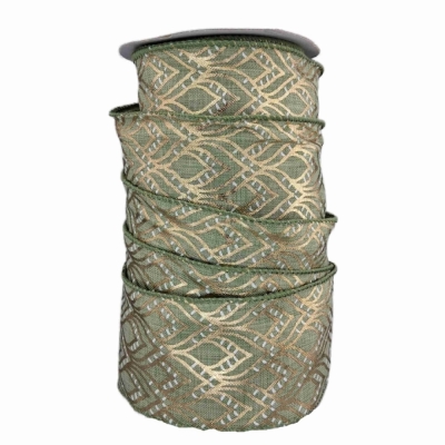 Stuha jutová s drátkem zelená ornamenty 9.1 m