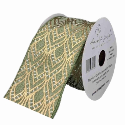 Stuha jutová s drátkem zelená ornamenty 9.1 m