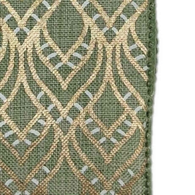 Stuha jutová s drátkem zelená ornamenty 9.1 m