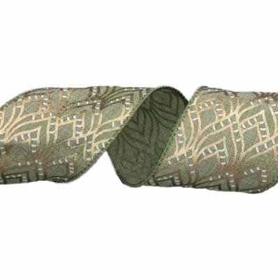 Stuha jutová s drátkem zelená ornamenty 9.1 m