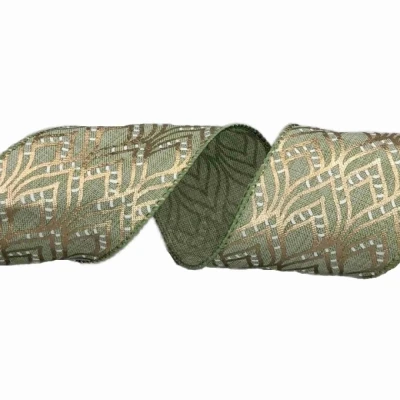 Stuha jutová s drátkem zelená ornamenty 9.1 m