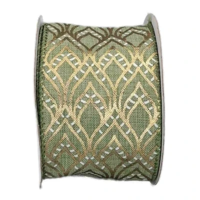 Stuha jutová s drátkem zelená ornamenty 9.1 m