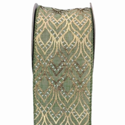 Stuha jutová s drátkem zelená ornamenty 9.1 m