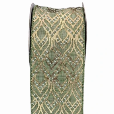 Stuha jutová s drátkem zelená ornamenty 9.1 m