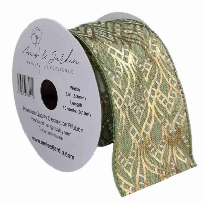 Stuha jutová s drátkem zelená ornamenty 9.1 m