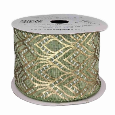 Stuha jutová s drátkem zelená ornamenty 9.1 m