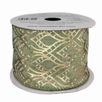 Stuha jutová s drátkem zelená ornamenty 9.1 m