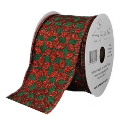 Stuha jutová s drátkem zelená vánoční geometrie 9.1 m