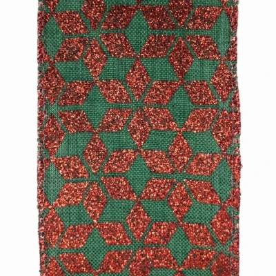 Stuha jutová s drátkem zelená vánoční geometrie 9.1 m