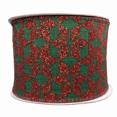 Stuha jutová s drátkem zelená vánoční geometrie 9.1 m