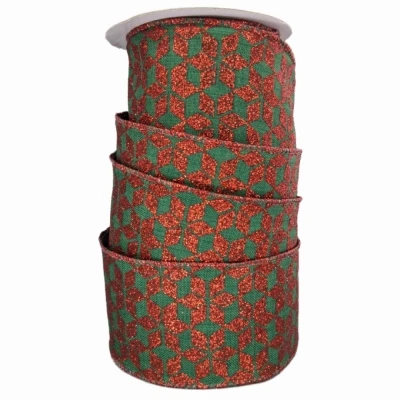 Stuha jutová s drátkem zelená vánoční geometrie 9.1 m