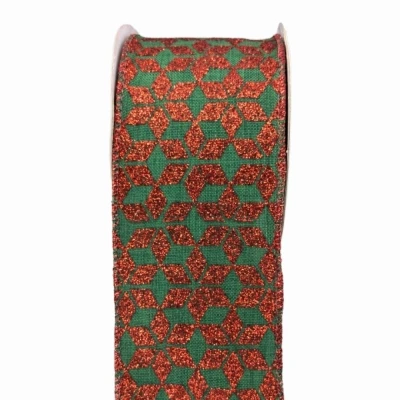 Stuha jutová s drátkem zelená vánoční geometrie 9.1 m