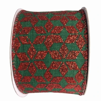 Stuha jutová s drátkem zelená vánoční geometrie 9.1 m