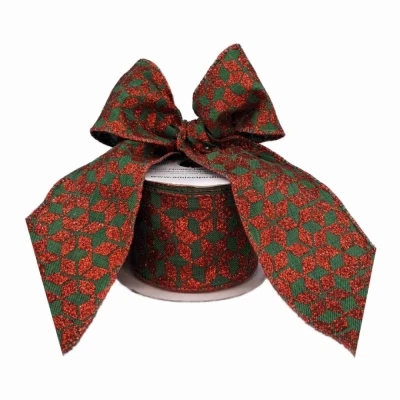 Stuha jutová s drátkem zelená vánoční geometrie 9.1 m