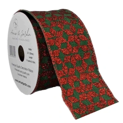 Stuha jutová s drátkem zelená vánoční geometrie 9.1 m