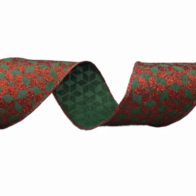 Stuha jutová s drátkem zelená vánoční geometrie 9.1 m