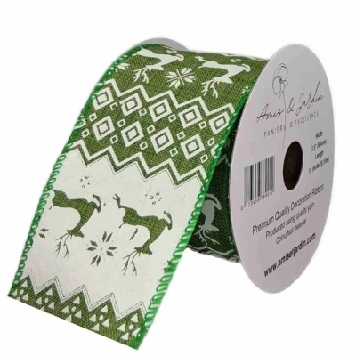 Stuha jutová s drátkem zelená vánoční jelen 9.1 m