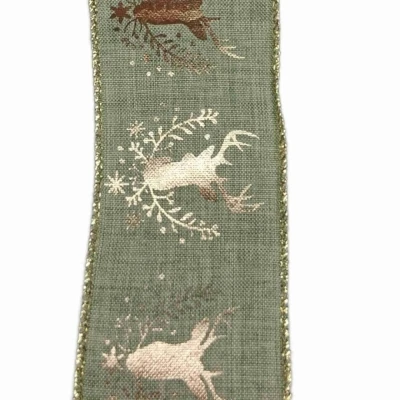 Stuha jutová s drátkem zelená vánoční jelen 9.1 m