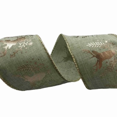 Stuha jutová s drátkem zelená vánoční jelen 9.1 m