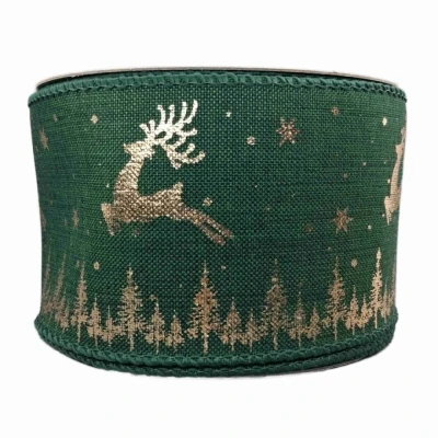 Stuha jutová s drátkem zelená vánoční jelen 9.1 m