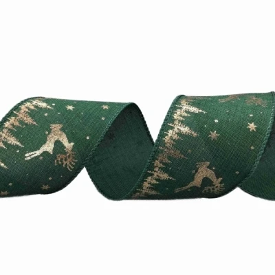 Stuha jutová s drátkem zelená vánoční jelen 9.1 m