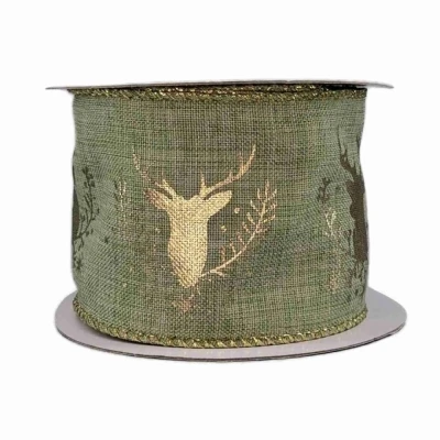 Stuha jutová s drátkem zelená vánoční jelen 9.1 m